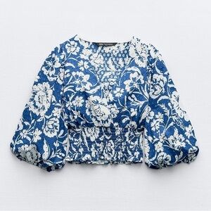 New ZARA Floral Printed Embroidered Eyelet Top